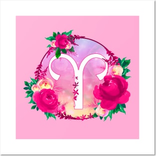 Aries Zodiac Horoscope Pink Floral Monogram Posters and Art